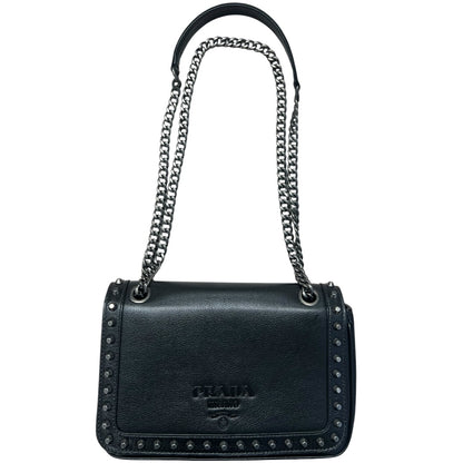 PRADA Studded Leather Flap Chain Shoulder Bag Black PR193