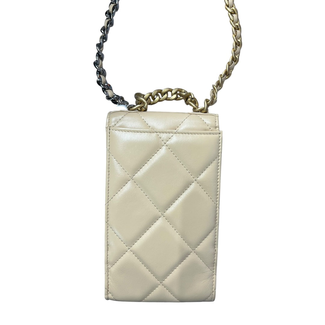 CHANEL 19 Matelasse Chain Smartphone Holder Lambskin Beige CH2146