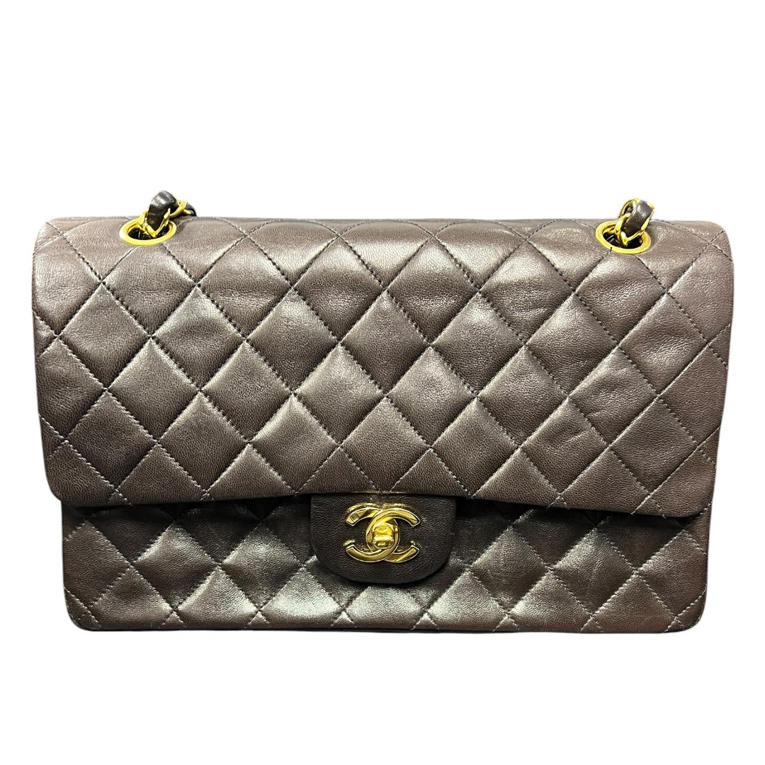 CHANEL Classic Double Flap 25 Matelasse Lambskin Brown Gold Hardware Chain Shoulder Bag CH2120