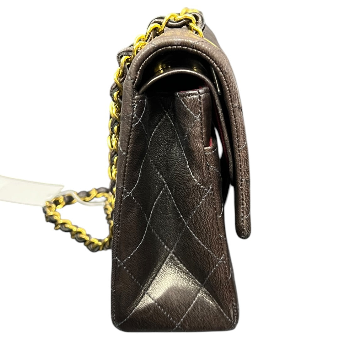 CHANEL Classic Double Flap 25 Matelasse Lambskin Brown Gold Hardware Chain Shoulder Bag CH2120