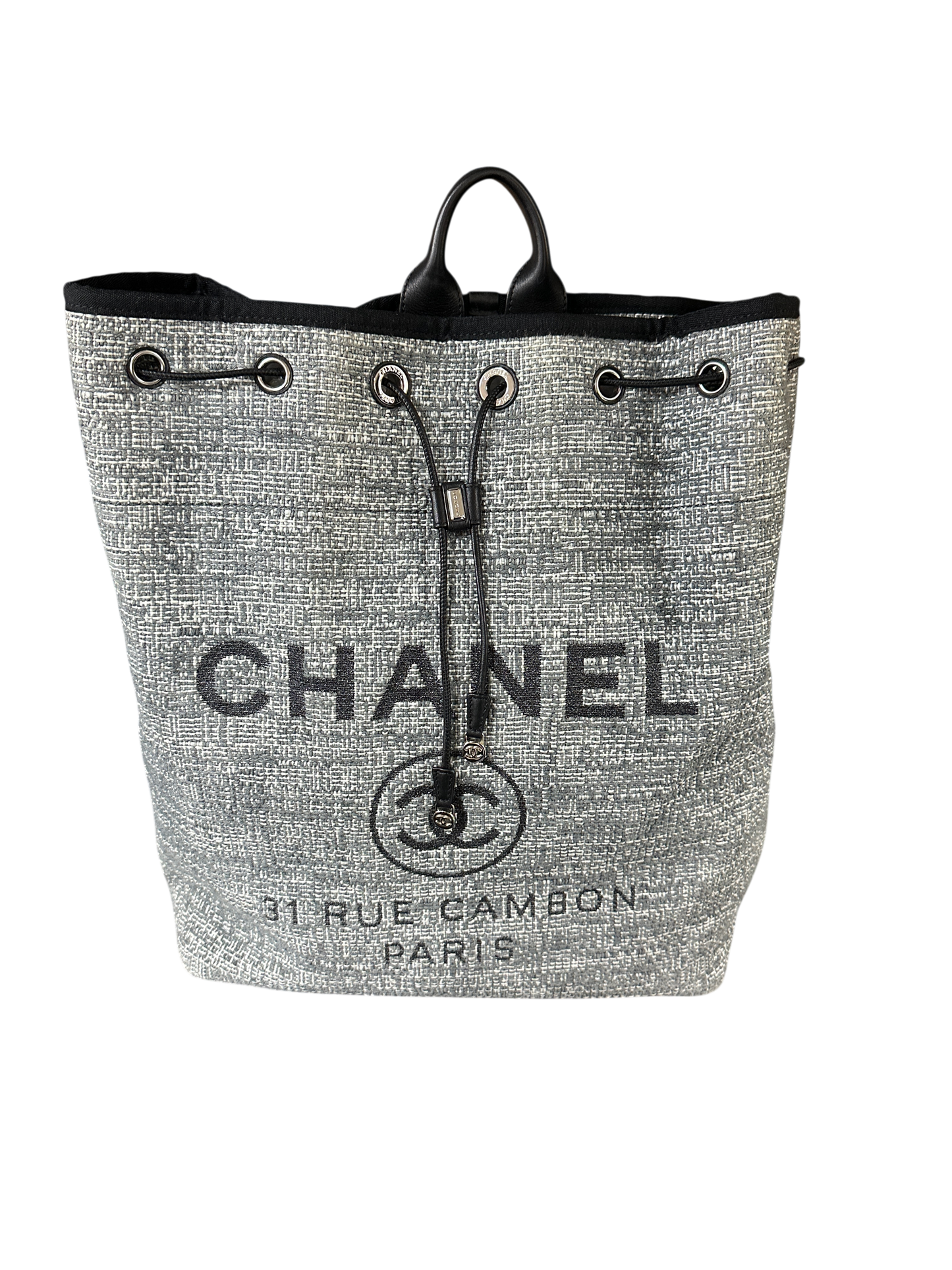Chanel Deauville 32 Tweed Drawstring Backpack Grey Silver Hardware Series 25 - CH2078