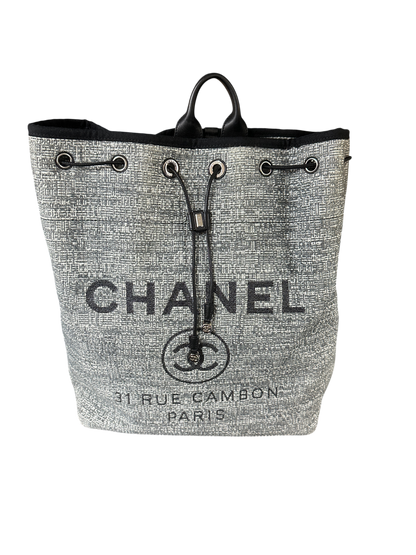 Chanel Deauville 32 Tweed Drawstring Backpack Grey Silver Hardware Series 25 - CH2078