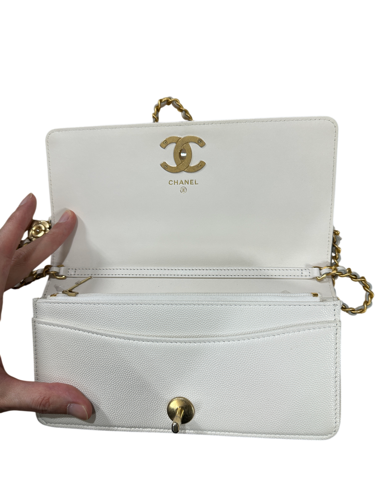 Chanel Matelasse 21 Camellia CC Wallet on Chain WOC White Caviar Leather Gold Hardware - CH2080