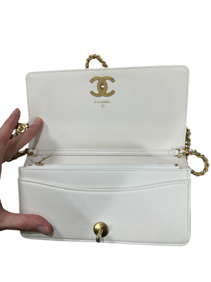 Chanel Matelasse 21 Camellia CC Wallet on Chain WOC White Caviar Leather Gold Hardware - CH2080