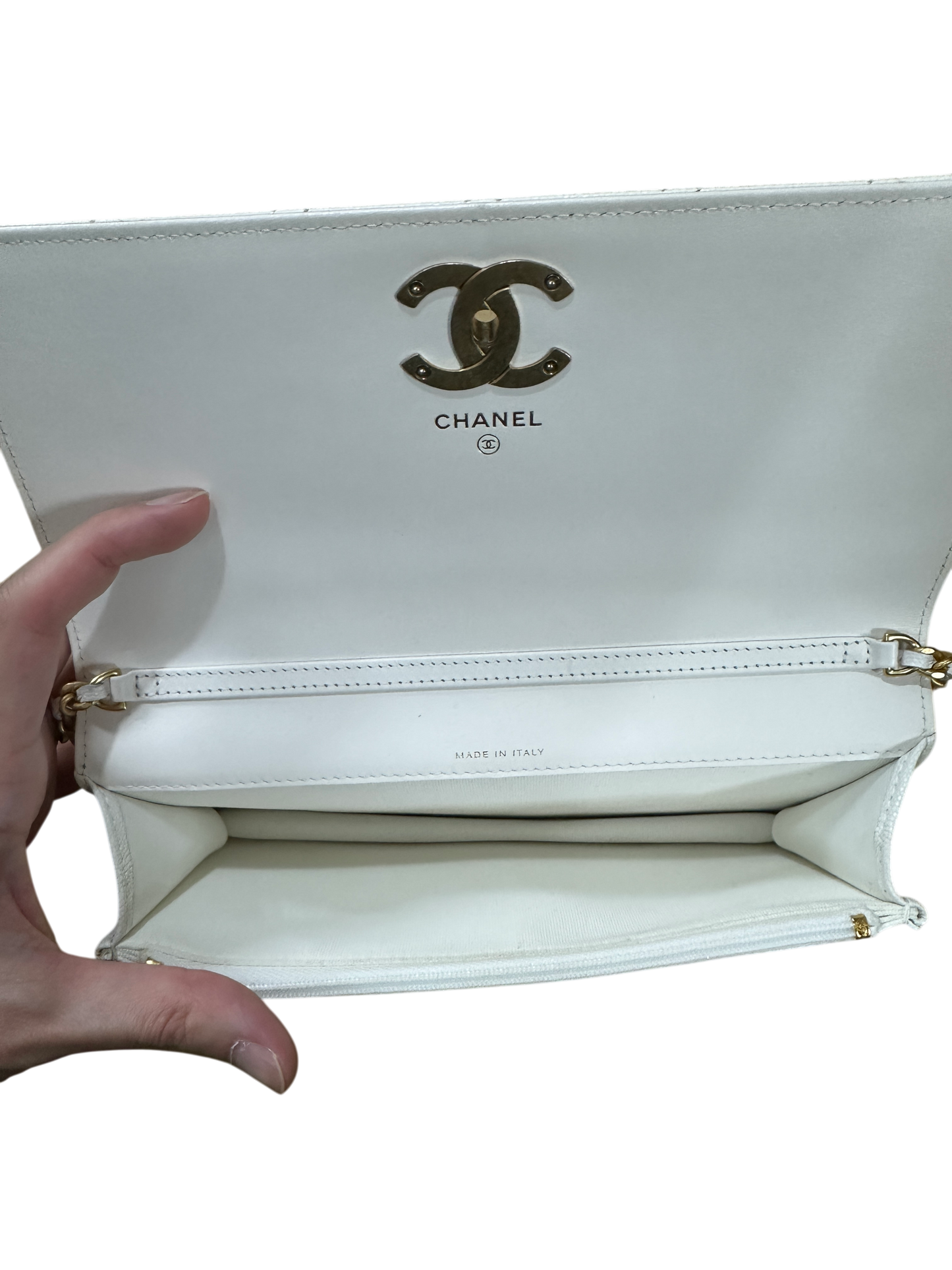 Chanel Matelasse 21 Camellia CC Wallet on Chain WOC White Caviar Leather Gold Hardware - CH2080