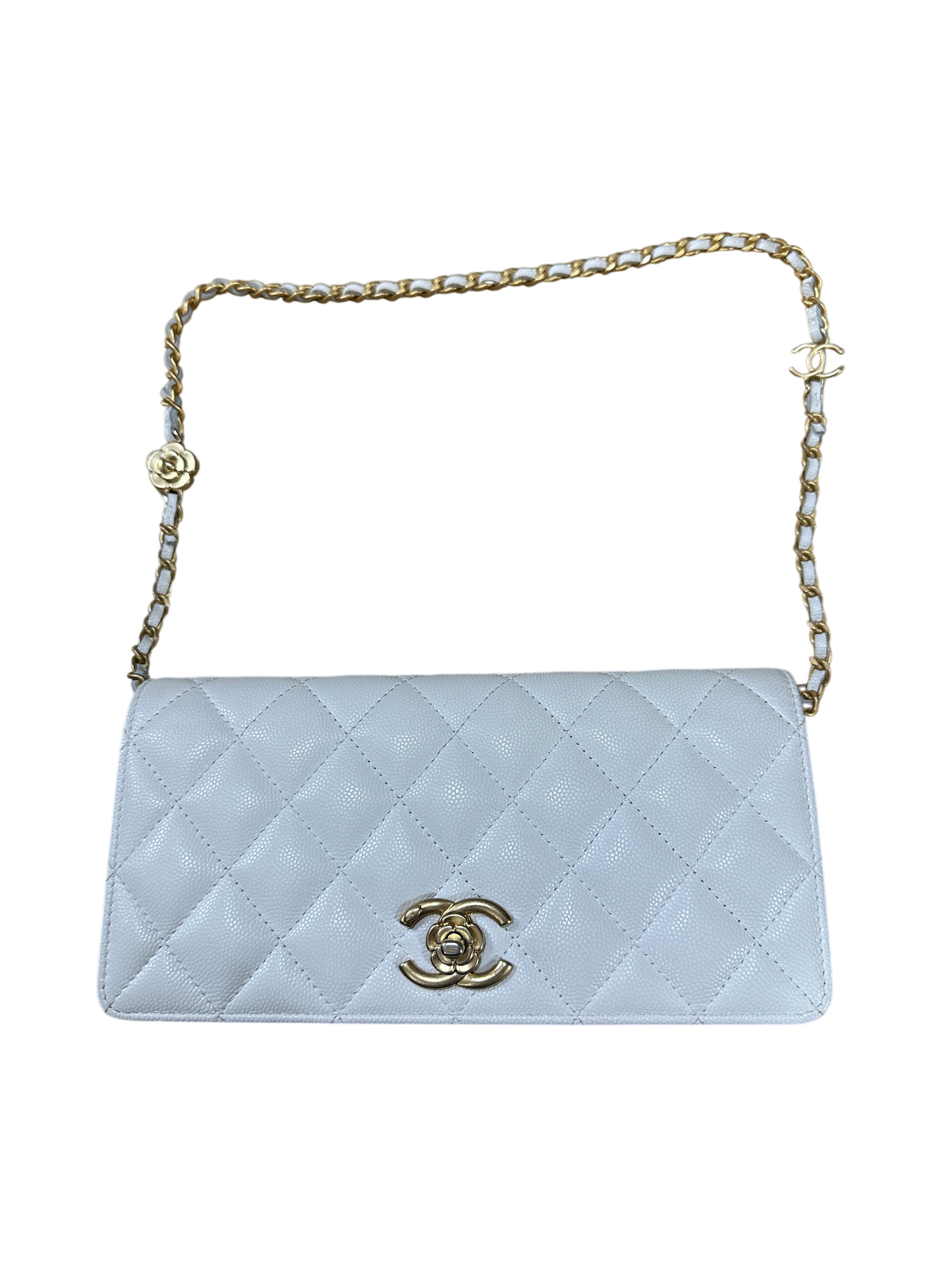 Chanel Matelasse 21 Camellia CC Wallet on Chain WOC White Caviar Leather Gold Hardware - CH2080