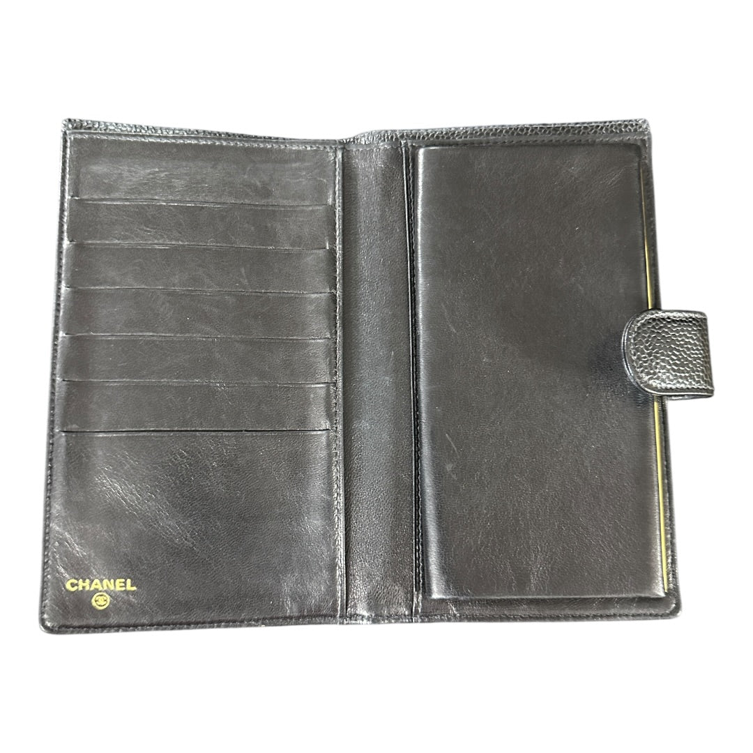 Authentic Chanel Caviar Leather CC Logo Kiss Lock Long Wallet Black CH2067