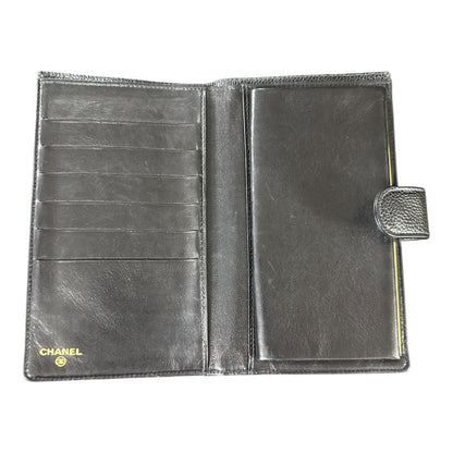 Authentic Chanel Caviar Leather CC Logo Kiss Lock Long Wallet Black CH2067