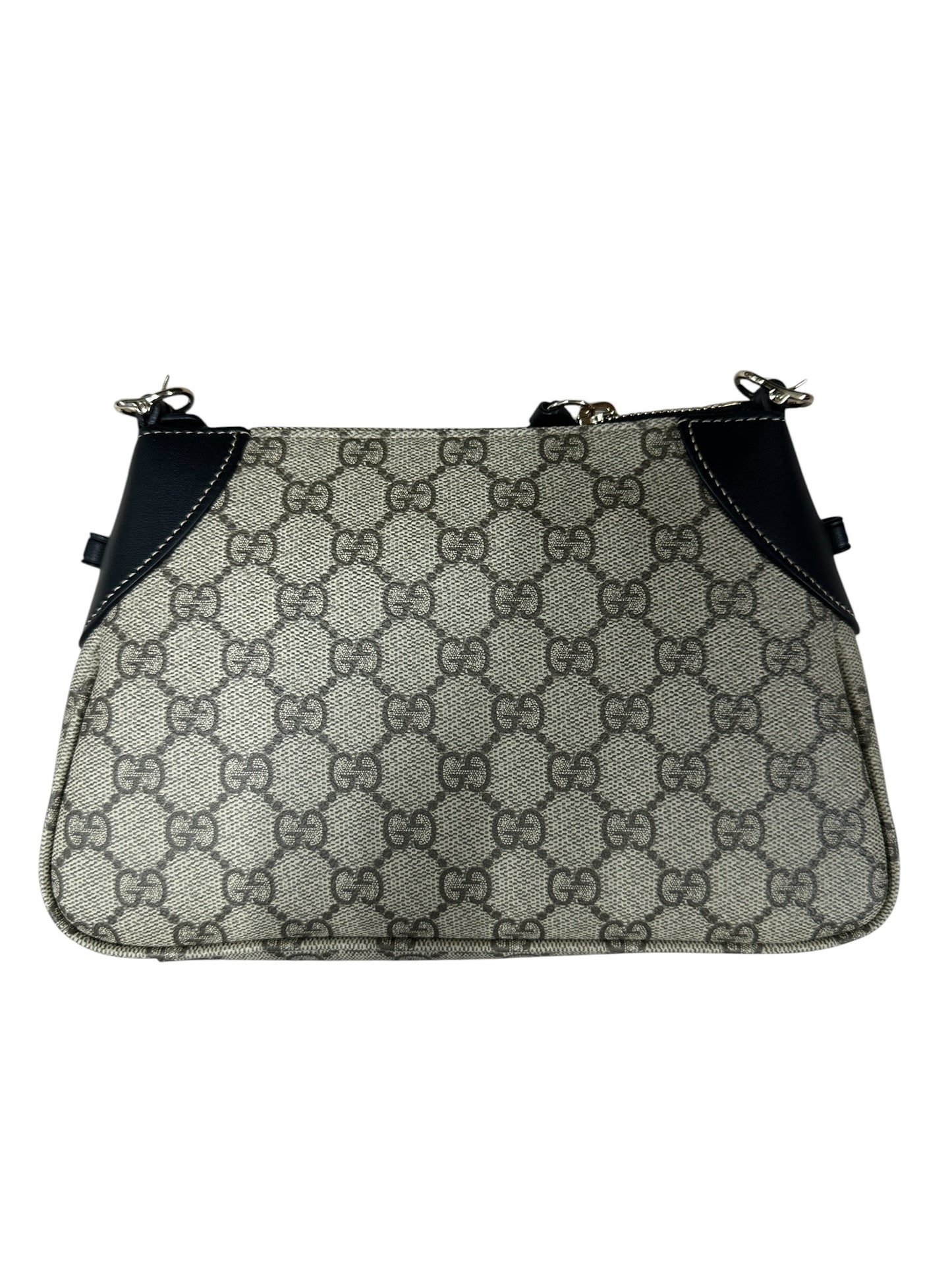 GUCCI GG Supreme Canvas Leather Trim Shoulder Bag Beige Black Silver Hardware GU598