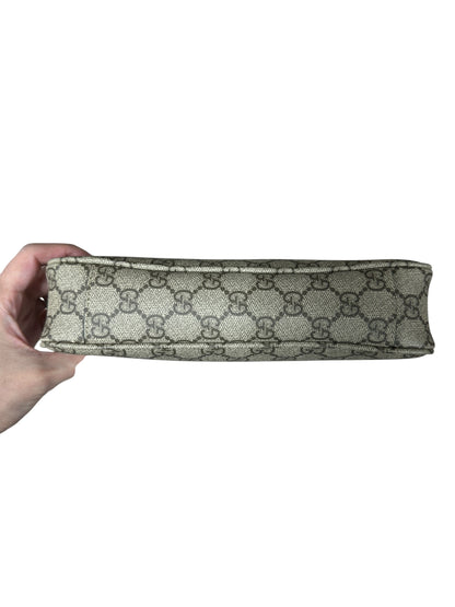 GUCCI GG Supreme Canvas Leather Trim Shoulder Bag Beige Black Silver Hardware GU598