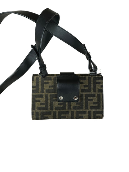 FENDI Zucca Canvas Calfskin Leather Flap Crossbody Shoulder Bag Brown Black Silver Hardware FE373